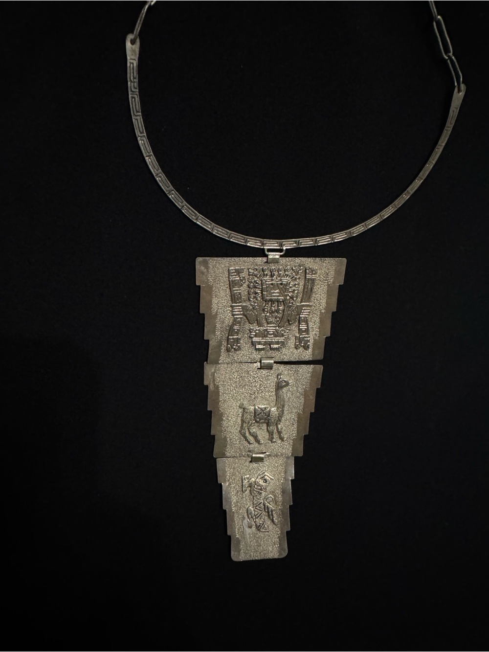 Vintage 900 Silver Inca 
Pendant Necklace Handcrafted 
Tribal Statement Jewelry